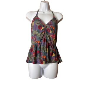 Angie Womens Halter Top Size M Multi Color Floral Smocked Peplum Boho Festival